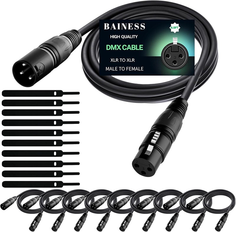 BAINESS 6.5ft Flexible DMX Cable 3 Pin Signal XLR Male to Female DMX Cables Wire for Stage Lighting, DJ Lights, Moving Head & Par LED Fixtures, Black, 10 Pack - Image 1
